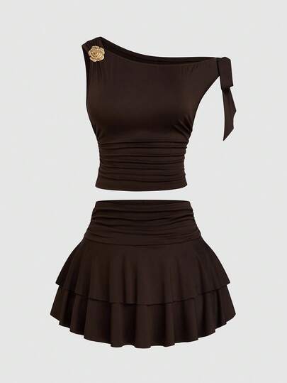 Sweetra Brown Metal Buckle Decor Waist Pleated Bodycon Sleeveless Asymmetrical Shoulder Plus Size Minimalist Two Pieces Skirt Set