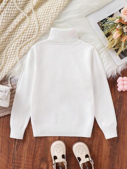 Sparklyn Girls' Turtleneck Mid-Length Solid White Sweater Dress, Comfortable Classic Versatile Style, Suitable For Autumn/Winter Fall