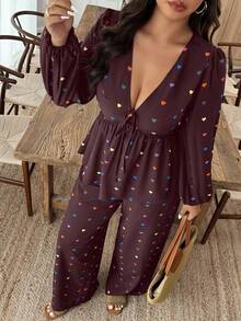 SHEIN LUNE Plus Size Heart Print Shirt And Pants 2 Pieces Set - Multicolor - View 7