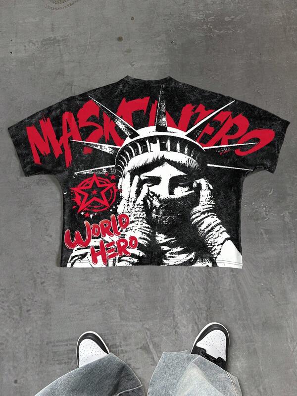 PAVTROS 男士撞色时尚印花短袖T恤，嘻哈图案T恤，男士短款印花朋克自由女神像T恤，男士冬季服装，送给男友的完美礼物，街头潮流、校园风和万圣节必备单品