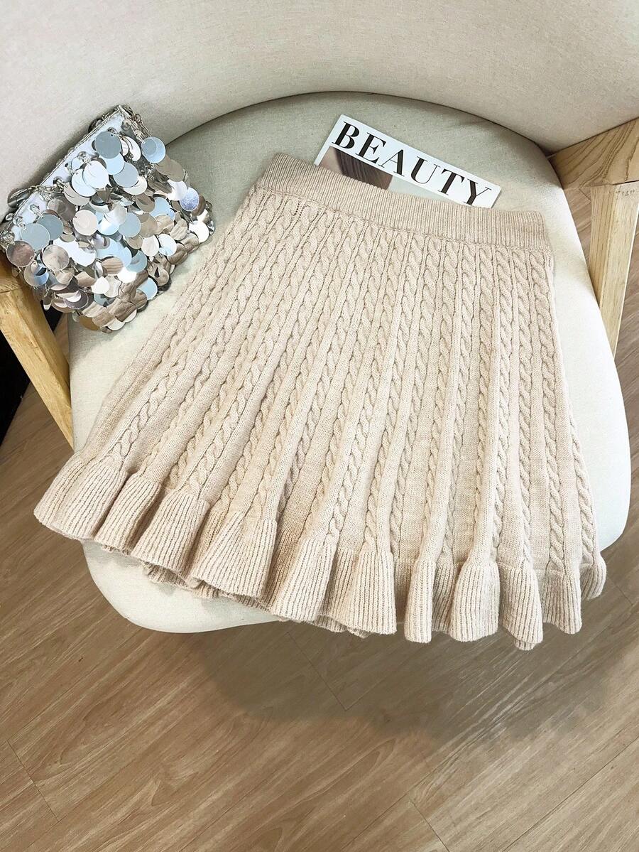 GlowEve Women's Autumn New Solid Color Rope Floral Pattern Classic Design Casual Girly Everyday Versatile Loose Hem Knit Sweater Skirt