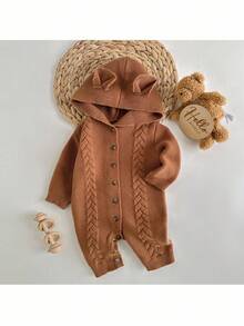 Loomiva Newborn Baby Solid Color Cable Ear Design Sweater Romper Autumn Winter Clothes For Girl - Coffee Brown - View 8
