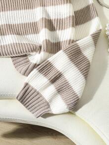 EMERY ROSE Casual Contrast Stripe Dropped Shoulder Loose Knit Sweater, Autumn Balloon Sleeve Sweater Striped Sweater Women Striped Sweater Striped Long Sleeve Sweater
