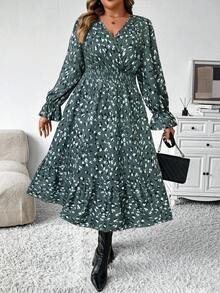 EMERY ROSE 大码女式秋冬时尚休闲 V 领碎花长款束腰连衣裙，修身廓形长款女装 - 水鴨藍 - 查看 3