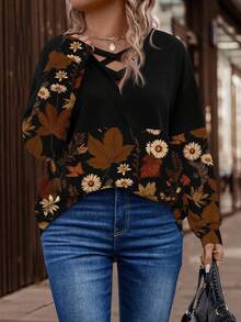 EMERY ROSE Women's Autumn/Winter New Arrival Bestselling Leaf & Flower Print Patchwork Design Plus Size Sweatshirt - Multicolor - View 5