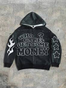 Manfinity EMRG 加大码男士极简印花长袖连帽卫衣，秋季水钻连帽衫，黑色图案连帽衫，男士街头风拉链Y2K拉链连帽衫，谁在乎，赚钱连帽衫 - 黑色 - 查看 1