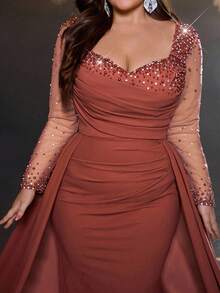 Glamrae Plus Size Elegant Romantic Withered Rose Color Square Neck Long Sleeve Sheer Luxury Rhinestone Bubble Ruffle Decor Mermaid Hem Embellished Formal Evening Gown - Rusty Rose - View 3