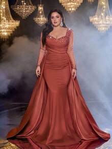 Glamrae Plus Size Elegant Romantic Withered Rose Color Square Neck Long Sleeve Sheer Luxury Rhinestone Bubble Ruffle Decor Mermaid Hem Embellished Formal Evening Gown - Rusty Rose - View 8