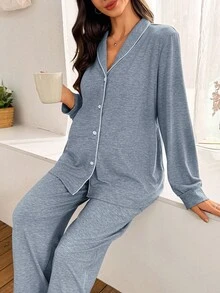 Moonlight&Mama Maternity Moonlight & Mama Women's Shawl Collar Long Sleeve Loose Button Up Top & Pants Pajama Set Sleep Wear Women 2 Pieces Set, Fall Winter Clothes - Dusty Blue - View 7
