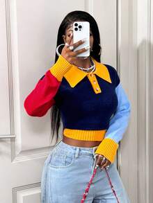 BamGleam Suéter de Tricô Casual com Mangas Longas, Gola Colorida para Outono/Inverno Feminino - Multicolorido - Visão 7