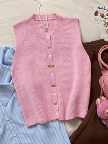 CovetEZ 女士休闲金属扣纯色针织背心 - 粉色 - 查看 5