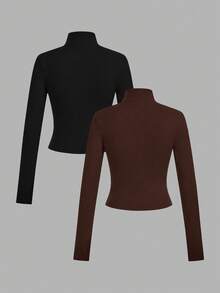 SHEIN EZwear 2pcs Dark Brown & Black Knit Zip-Up Long Sleeve T-Shirts For Women, Autumn/Winter - Multicolor - View 2