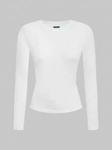 SHEIN EZwear 2pcs/Set Women White Crew Neck Casual Slim Fit Long Sleeve T-Shirt Set, Suitable For Autumn/Winter,White Shirt - White - View 5