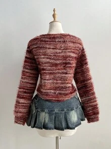 Elamini Pink Maillard Feather Fuzzy Casual Knit Cardigan For Women - Coral Pink - View 2