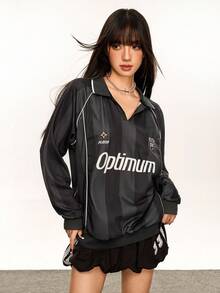 Rina Fox Women's Casual Striped Letter Print Polo Shirt, Autumn - Black - View 3