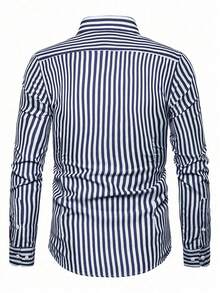 Manfinity Homme 男士条纹纽扣长袖衬衫，秋季，老钱风格