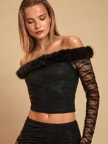 Glamine Elegant Black Lace Off Shoulder Flare Sleeve T-Shirt&Bodycon Ruffle Hem Skirt Women's 2-Piece Set,Summer Dinner Evening Gala Party Outfit - Black - View 2