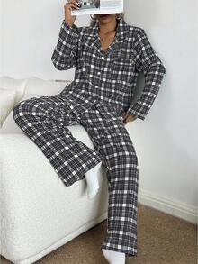 SHEIN 女士休闲黑白格纹印花长袖上衣和裤子睡衣套装，两件套睡衣，秋冬服装，圣诞节