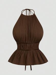 Sweetra 2pcs/Set Solid Color Minimalist Sleeveless Crop Top And Skinny Pants, Sexy Style - Brown - View 5