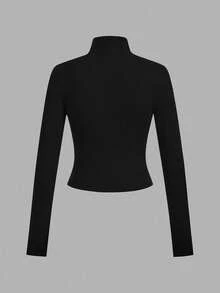 SHEIN EZwear 2pcs Dark Brown & Black Knit Zip-Up Long Sleeve T-Shirts For Women, Autumn/Winter - Multicolor - View 10