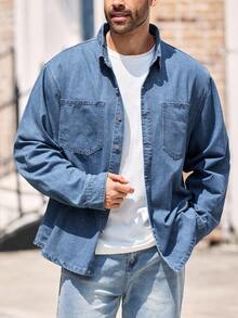 EASEVO 男士加大码休闲牛仔衬衫，长袖上衣