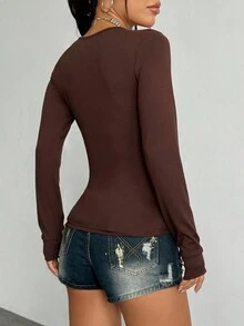 SHEIN Unity Áo thun dài tay ôm dáng cổ chữ V màu trơn đơn giản Y2K dành cho nữ, Xuân/Thu - màu nâu - Xem 2