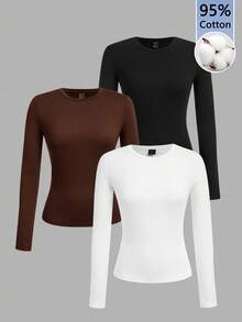 Tseoso Bộ 3 áo thun dài tay ôm dáng màu đen trắng, thích hợp cho mùa thu đông, 95% cotton - Nhiều màu - Xem 2