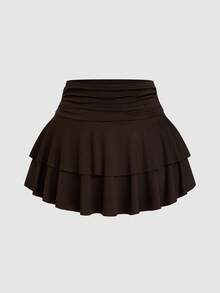 Sweetra Bộ váy hai mảnh tối giản không tay xếp ly eo kim loại màu nâu, trang trí vai bất đối xứng cỡ lớn - màu nâu - Xem 13