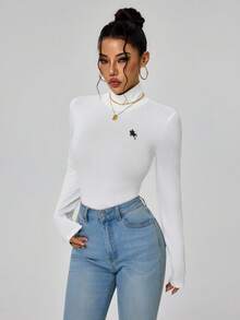 INAWLY Equestrian Print Turtleneck Slim Fit Long Sleeve T-Shirt - White - View 3