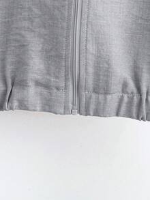 EMERY ROSE Women's Solid Color Casual Zip-Up Baseball Jacket And Wide Leg Pants Set, Autumn - Light Grey - View 5