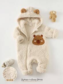 Cozy Pixies 男婴秋冬卡通图案保暖内衬连帽长袖连体衣，百搭舒适 - 杏色 - 查看 3