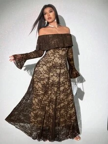 Viva Relle Plus Size Lace Fitted Off Shoulder Ruffle Hem Dress - Coffee Brown - View 3