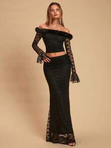 Glamine Elegant Black Lace Off Shoulder Flare Sleeve T-Shirt&Bodycon Ruffle Hem Skirt Women's 2-Piece Set,Summer Dinner Evening Gala Party Outfit - Black - View 5