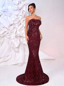 Glamrae Luxury Handmade Chocolate Brown Beaded Applique Mermaid Formal Evening Gown With Adjustable Lace-Up Back, Sophisticated Craftsmanship - Burgundy - View 3