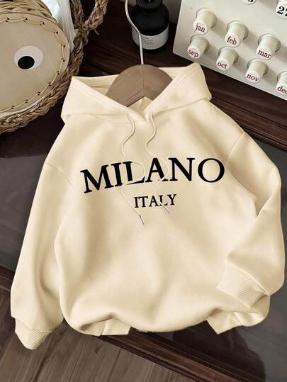 SHEIN EZwear Casual Minimalist Milano Print Pattern Drawstring Hooded Long Sleeve Loose Fit Thick Fleece Sweatshirt For Women, Suitable For Fall/Winter
