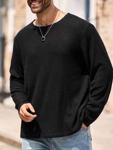 EASEVO Plus Size Men's Casual Solid Color Long Sleeve T-Shirt - Black - View 1