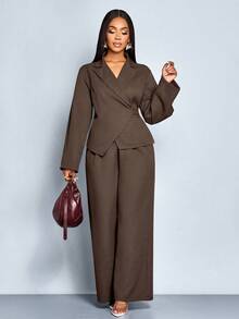 SOLERSUN Women's Elegant Commuting Coffee Tweed Wrap Blazer With Front Tie Back And Wide Leg Pants Suits Fall Cloth For Women - Coffee Brown - View 6