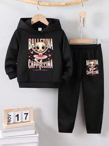 SHEIN 女童秋冬时尚创意卡通可爱卡哇伊杯芭蕾女孩心形图案连帽卫衣+运动裤套装，女童秋季舒适保暖装 - 黑色 - 查看 4