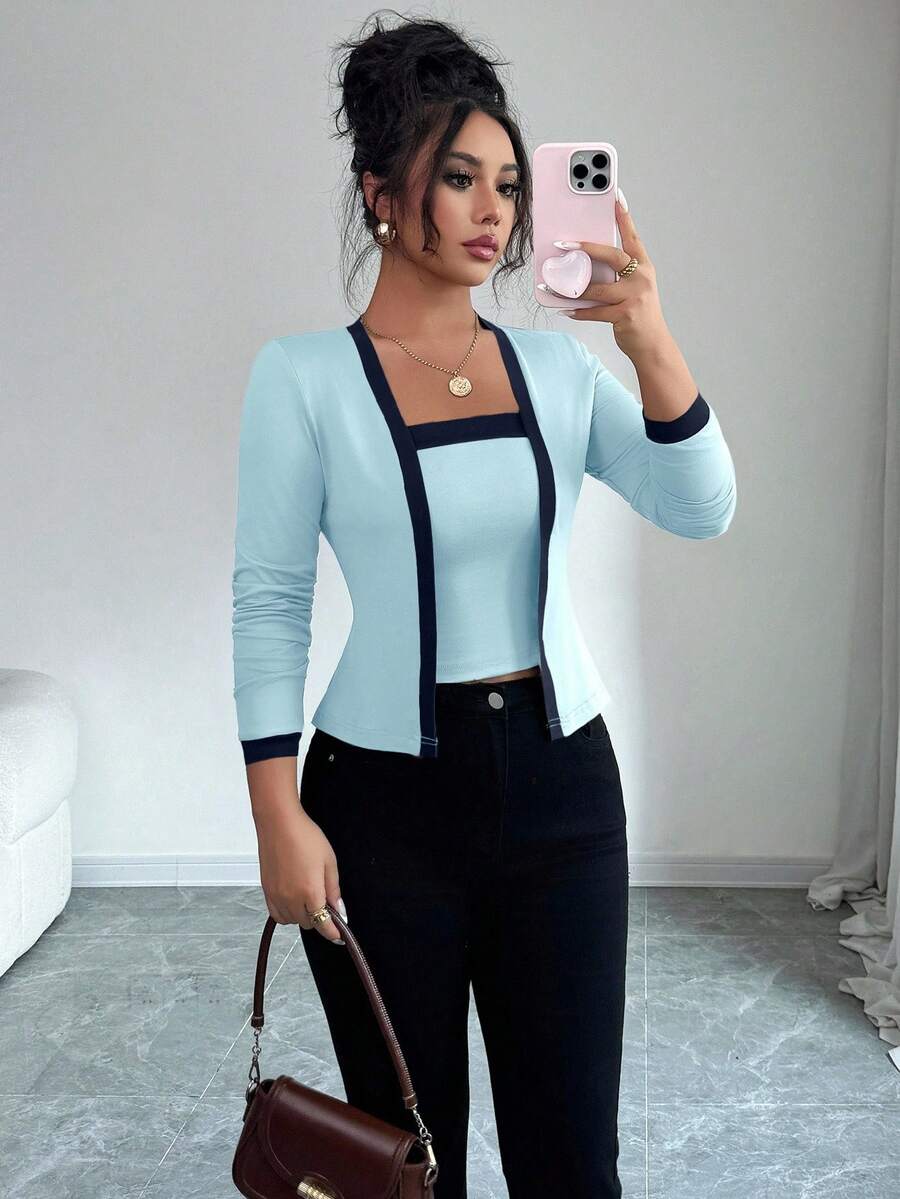 Elenzga 2 件套女士针织拼布优雅开衫和无袖上衣套装 - 彩色 - 查看 1