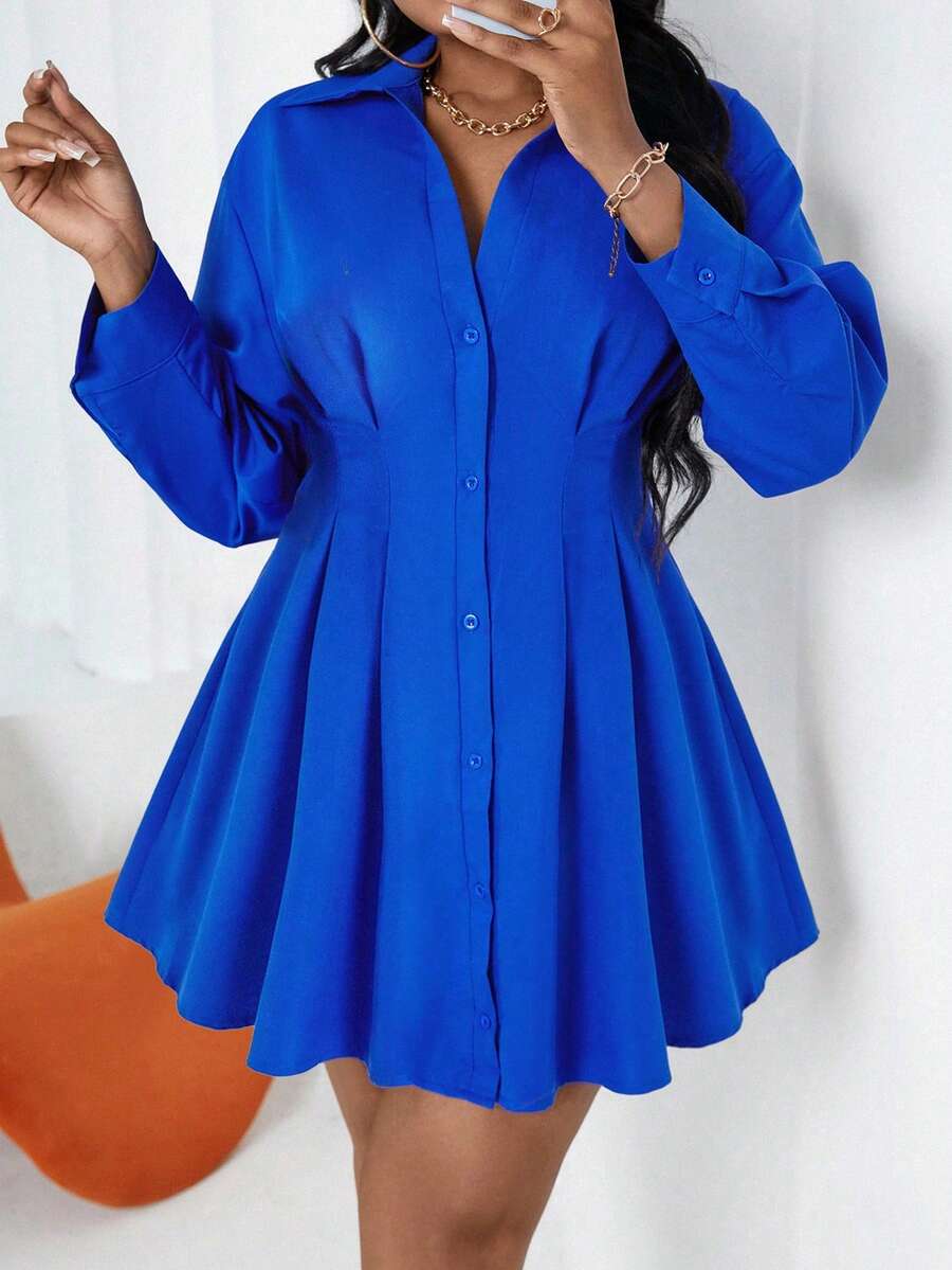 Maweii Plus Size Solid Color Turndown Collar Button Down Front Pleated Long Sleeve Dress Fall Cloth For Women - Royal Blue - View 1