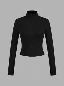 SHEIN EZwear 2pcs Dark Brown & Black Knit Zip-Up Long Sleeve T-Shirts For Women, Autumn/Winter - Multicolor - View 9