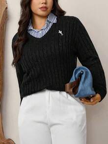 Zelara Plus Size Casual Versatile Embroidered Detail Sweater, Autumn/Winter - Black - View 3
