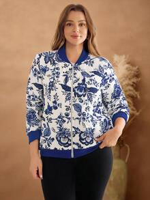 EMERY ROSE Plus Size Women Allover Print Zip-Up Baseball Jacket, Blue Floral Bomber Jacket, Autumn/Winter Fall - Blue - View 3