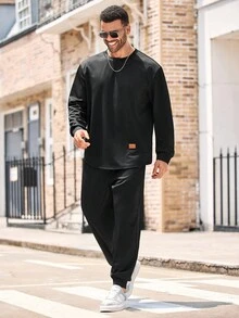 EASEVO Casual Loose Fit Round Neck T-Shirt And Pants Men Plus Size Set, Fall Clothes - Black - View 4