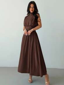 Firerie 女士优雅通勤高领收腰 A 字连衣裙，女士夏装，春夏服装，沙滩装，通勤，优雅，性感，度假，海滩，波西米亚，夏威夷，音乐节，浪漫，约会，婚礼季，毕业礼服，舞会，演出服，音乐会，工作服 - 咖啡棕 - 查看 6