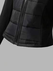 少女休闲时尚绗缝梭织面料风衣，棉质衬里，针织面料袖子和领子，修身设计，适合秋冬季日常通勤、郊游、派对、拍照 - 黑色 - 查看 6