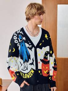 Manfinity Roghcode Men's Pumpkin & Letter Pattern Long Sleeve Single-Breasted Casual Knit Cardigan, For Halloween , Fall Winter - Multicolor - View 1