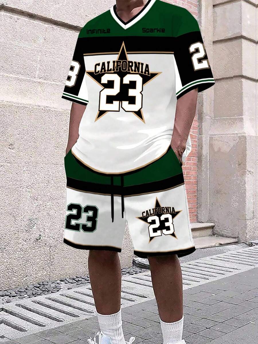 Manfinity Campus Court 男士字母印花V领短袖休闲T恤和抽绳腰短裤套装 - 彩色 - 查看 1