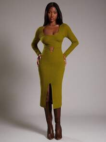 NYA SZN Đầm dài tay ôm sát bodycon dệt kim co giãn dệt kim mini xẻ tà cắt rời dệt kim gân dịp đặc biệt đám cưới khách hẹn hò ăn trưa quý tộc khiêm tốn thu đông thích hợp đi làm trang phục cho phụ nữ - màu xanh lá - Xem 3