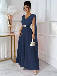 Elenzga 新款褶皱腰带装饰纽扣后腰带设计轻盈连衣裙，优雅大方，适合婚礼、节日、休闲场合 - 寶藍色 - 查看 4